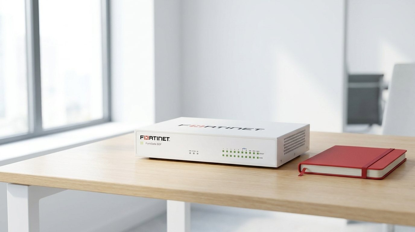 Firewall FortiGate de escritorio en una oficina moderna