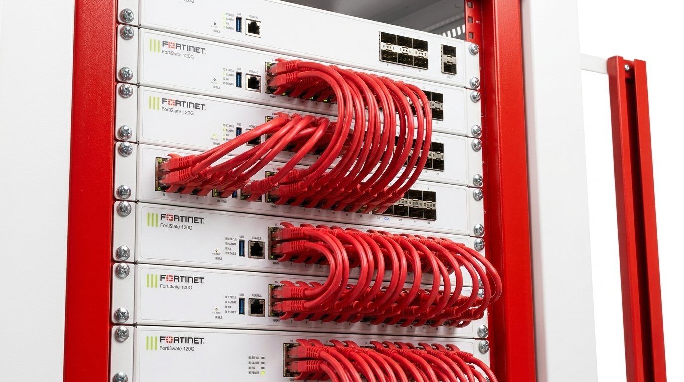 Switches FortiSwitch con cableado de red ordenado en un rack